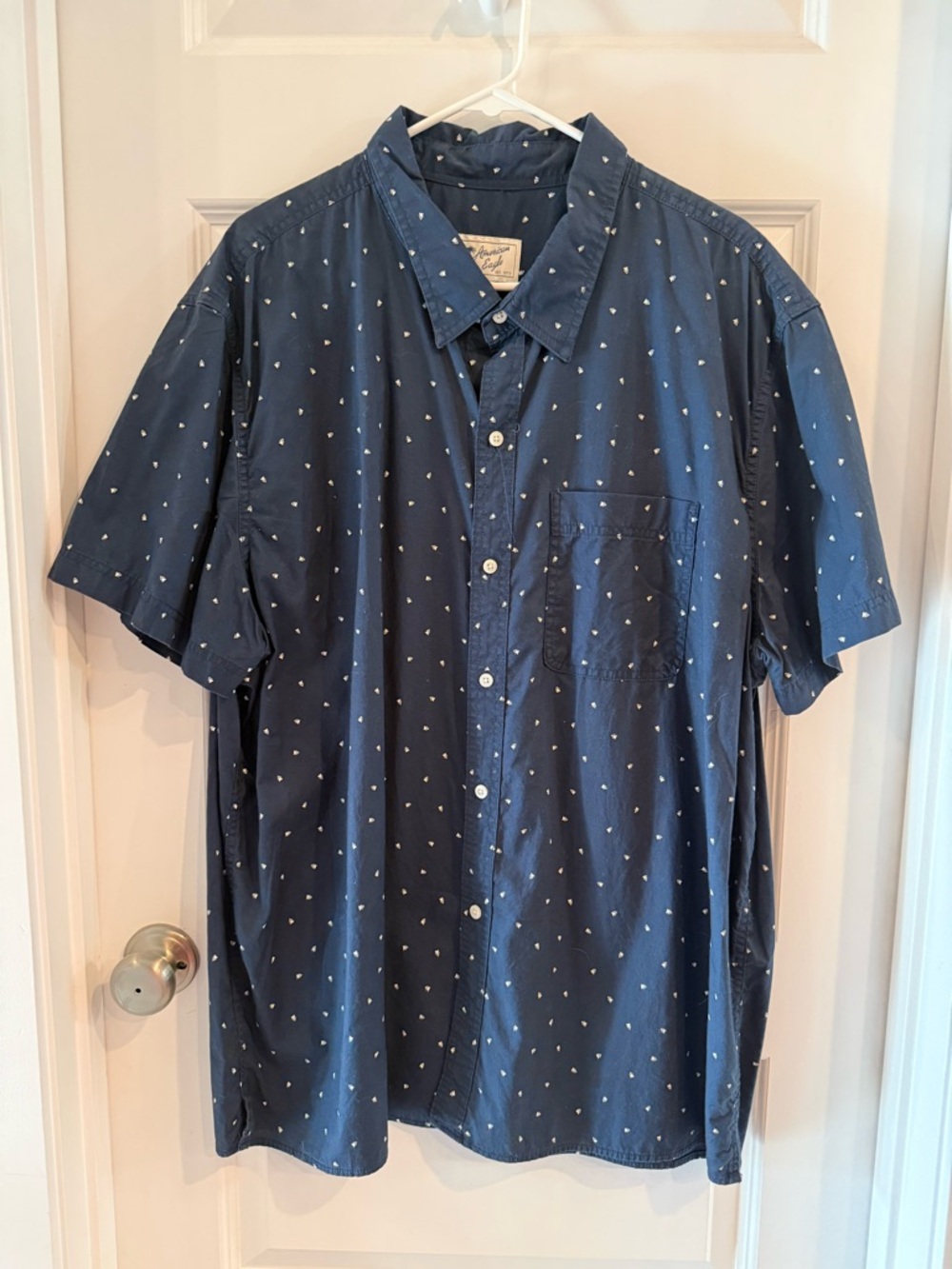 American Eagle Outfitters Navy Short-Sleeve Button-Down with White Micro Dots